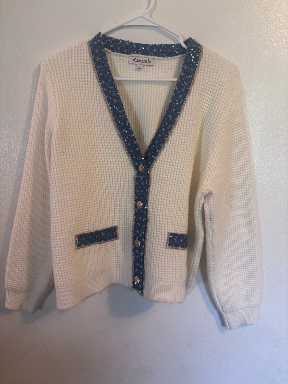 Nanette Lepore Cream Waffle Knit Cardigan with Blue Floral Trim